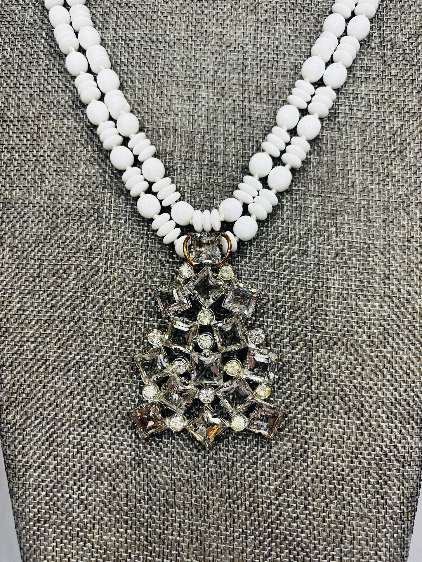 MADE- White beaded necklace with Rhinestone Clip