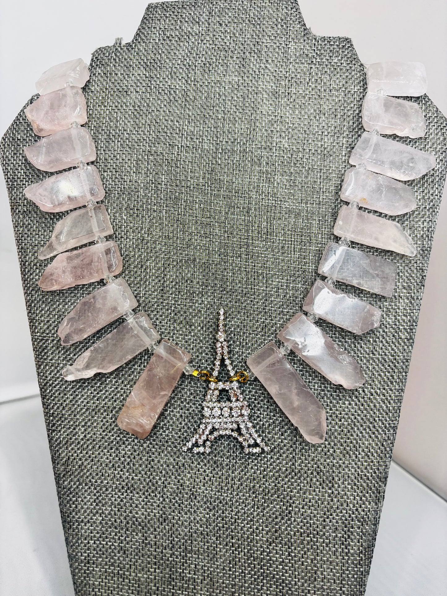 MADE - Rose (Pink) Quartz Necklace with Eiffel Tower Crystal