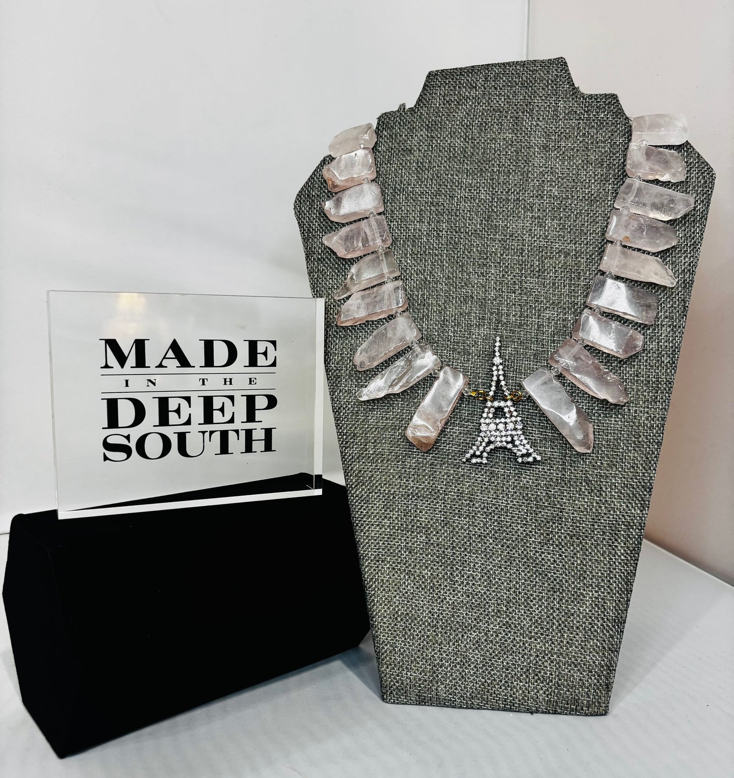 MADE - Rose (Pink) Quartz Necklace with Eiffel Tower Crystal