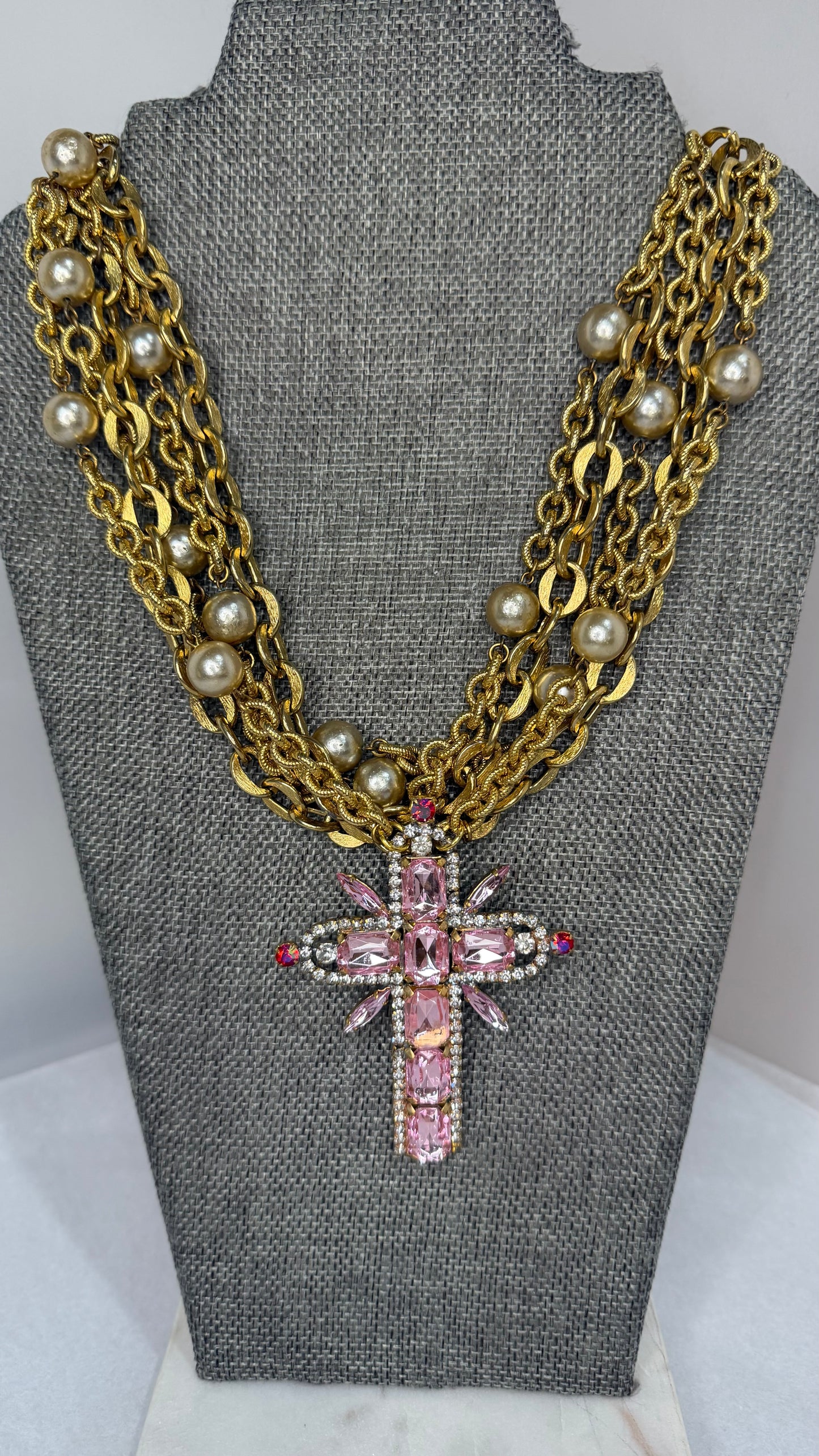 Made pink cross necklace