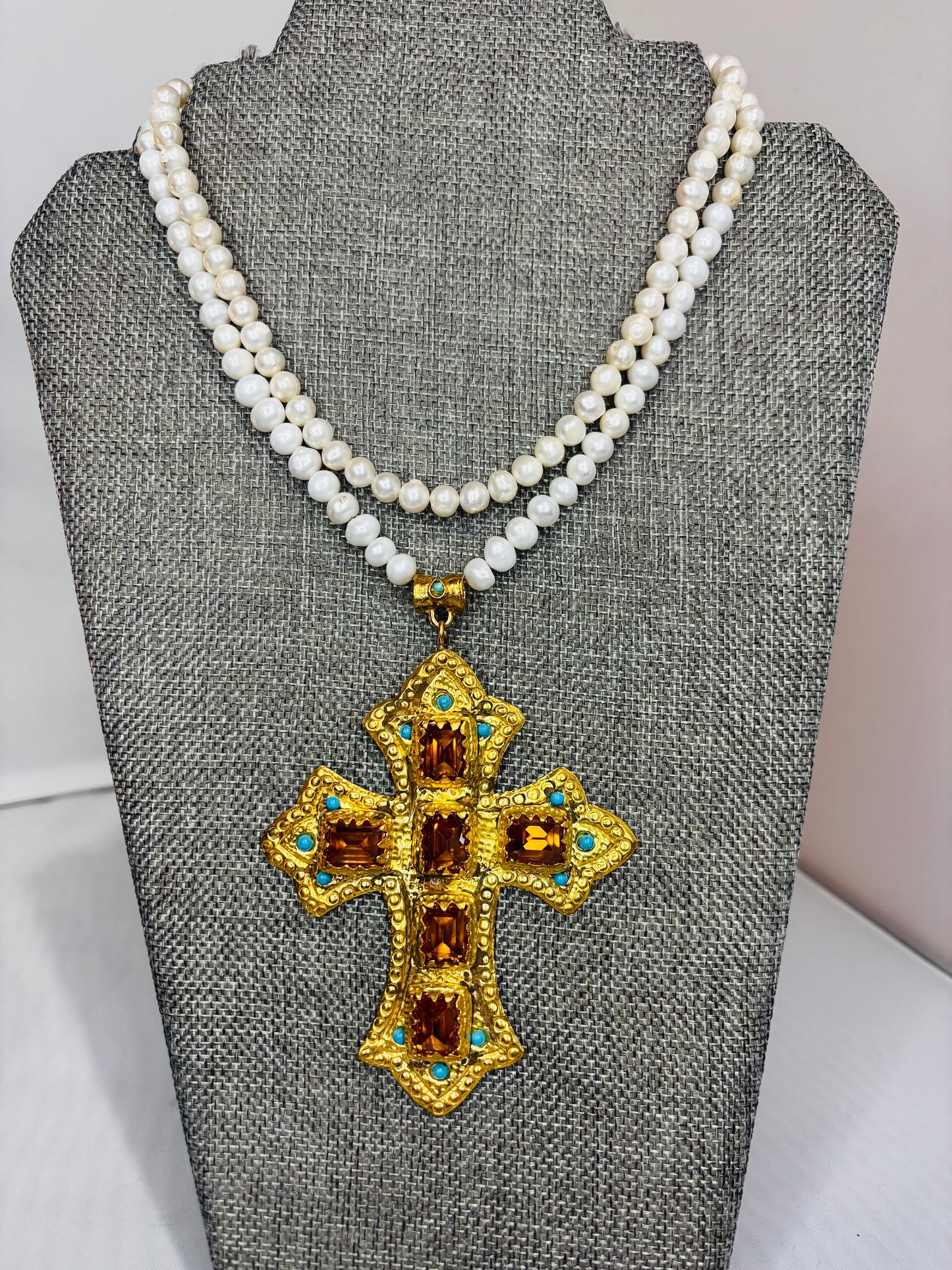 MADE - Multi Strand Pearl Necklace with Amber and Turquoise Cross