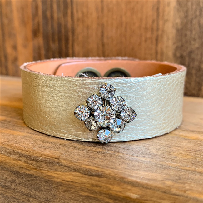 MADE - Gold Leather Cuff with Rhinestone Earring
