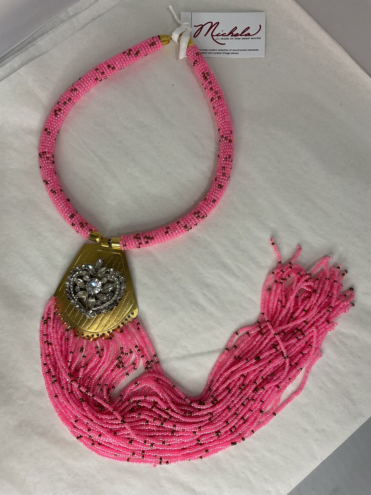 Made pink fringe necklace