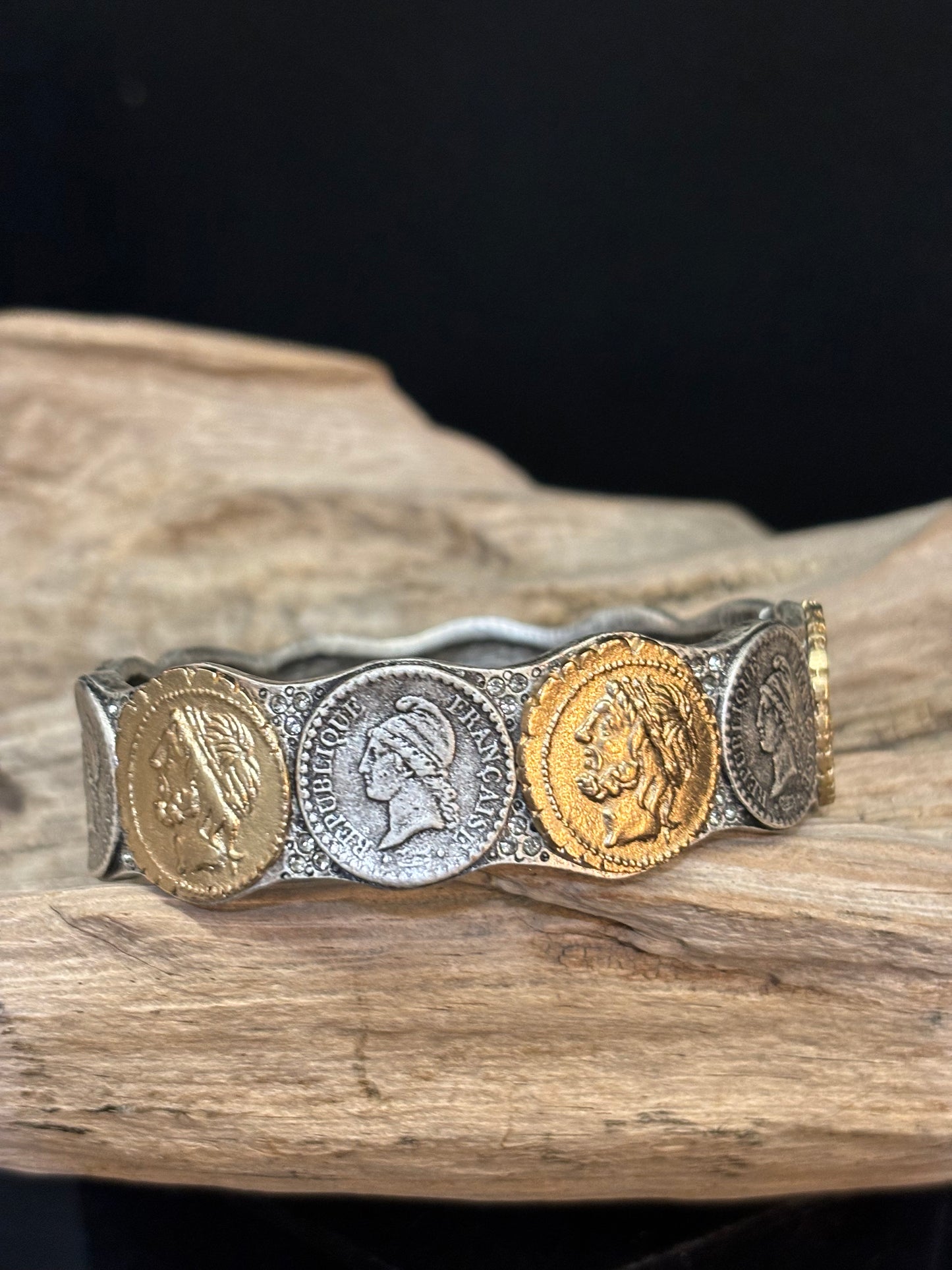 Hinged Mixed Metal Coin Bracelet