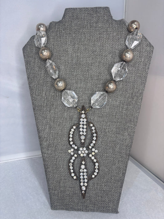 MADE-1920's Brooch and Clear Bead Necklace