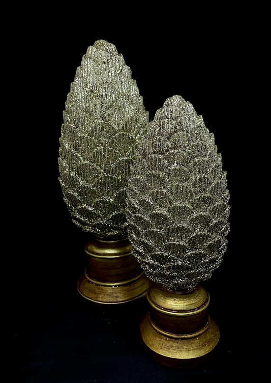Set of 2 Scalloped Gold Glitter Pinecones