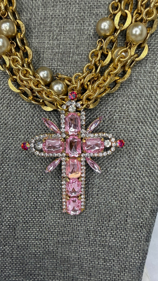 Made pink cross necklace