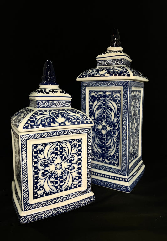 Set of 2 Blue & White Porcelain Containers