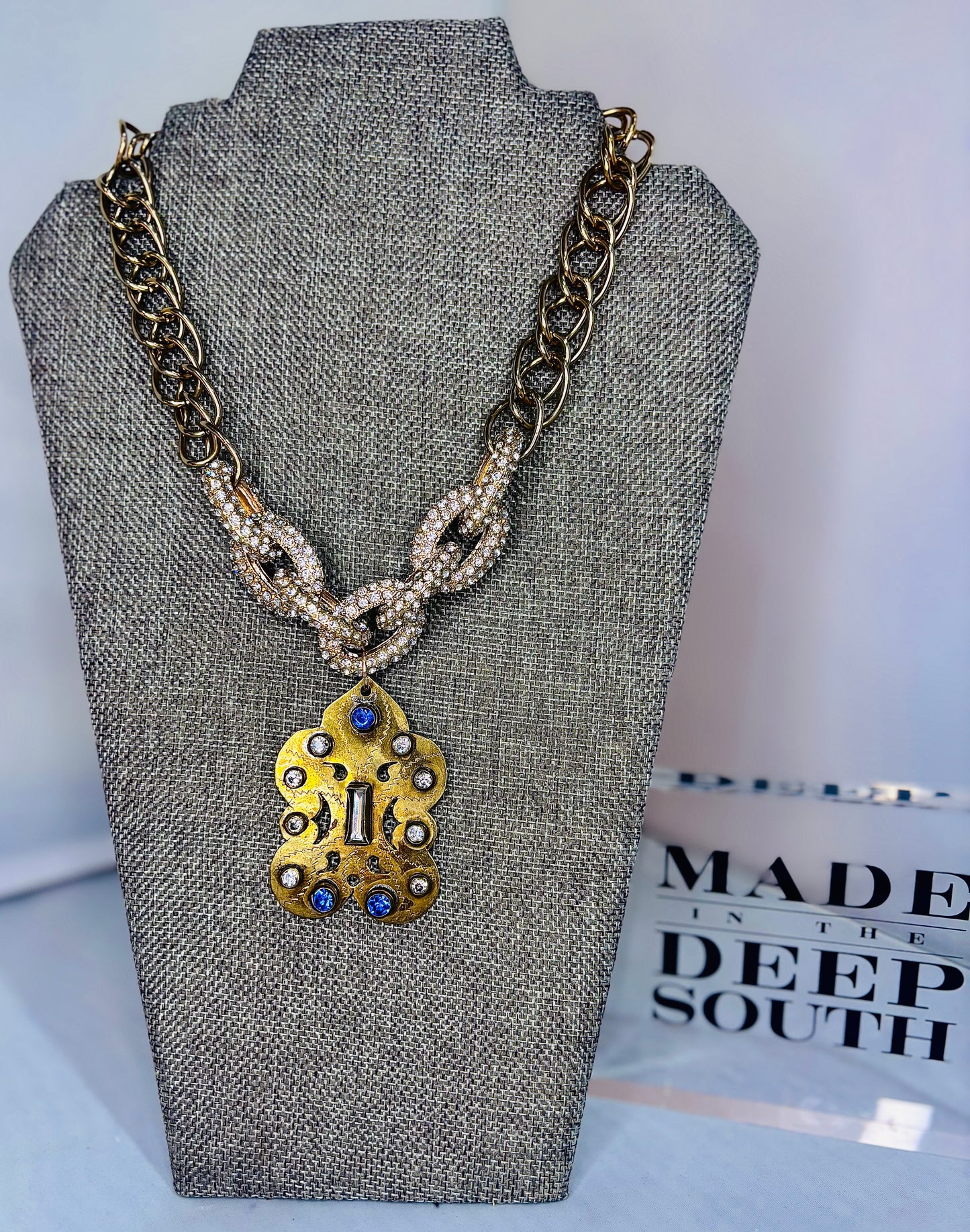 MADE-Blue & Rhinestone Pendant Necklace