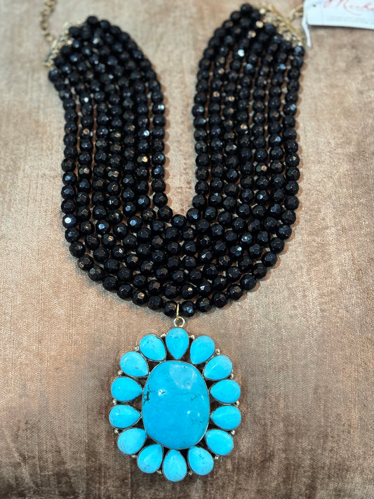 MADE - Turquoise pendant on black beaded chain