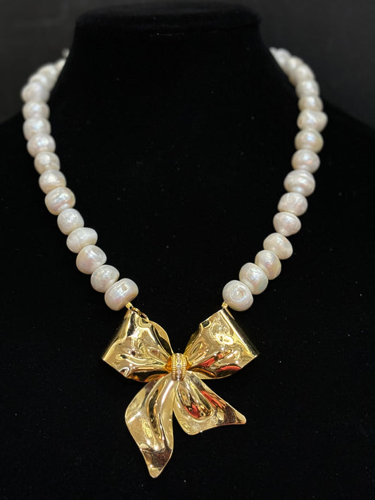 MADE - Gorgeous Cotton Ball Pearl and Bow Necklace