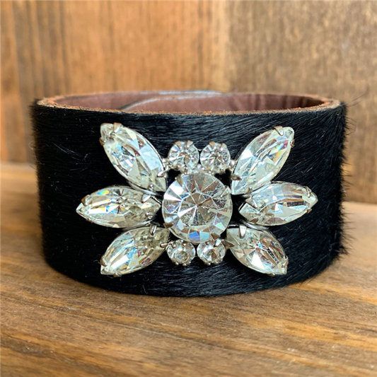 MADE - Black fur cuff with Rhinestone Brooch