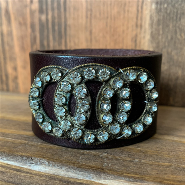 MADE - Brown Leather Cuff with Rhinestone Brooch