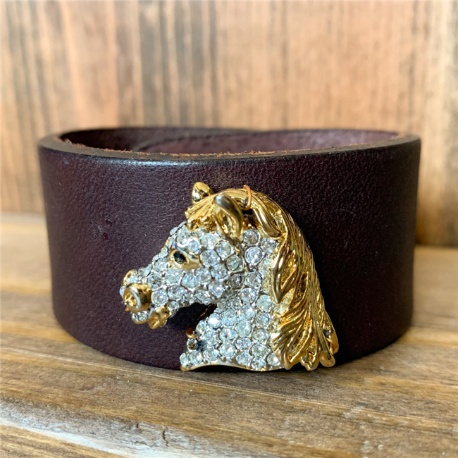 MADE - Brown Leather Cuff with Rhinestone Horse