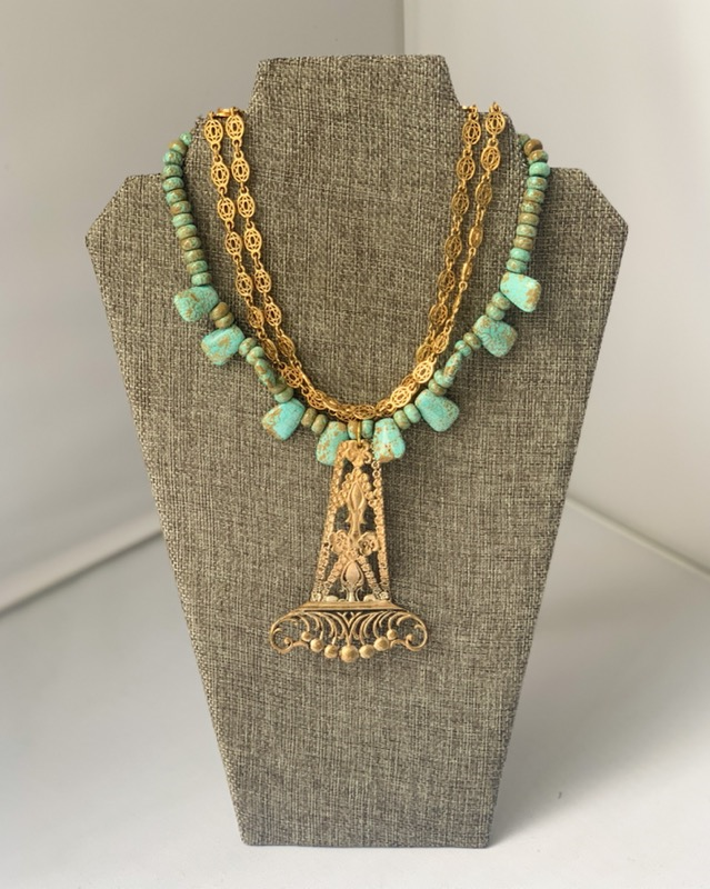 MADE- Turquoise & Gold Necklace with Brass Stamp