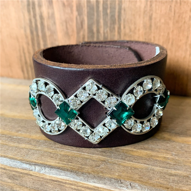 MADE - Brown Leather Cuff with Green & Clear CZ Buckle