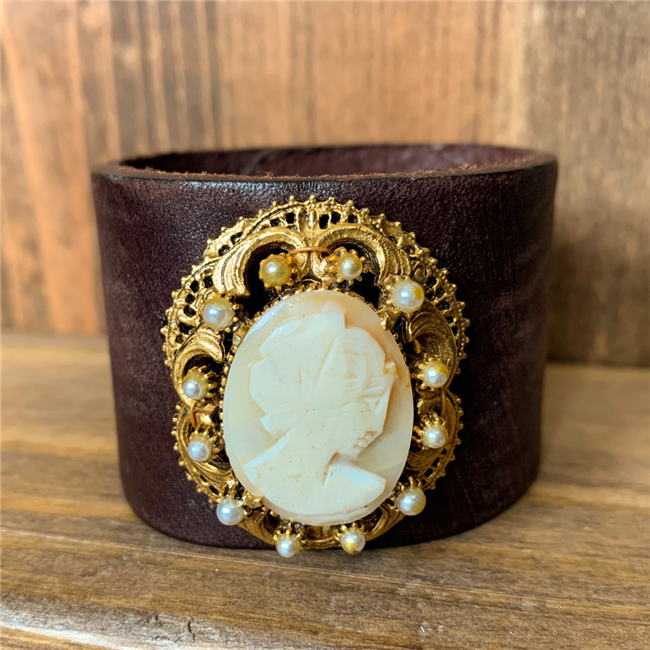 MADE - Brown Leather Cuff with Cameo Brooch