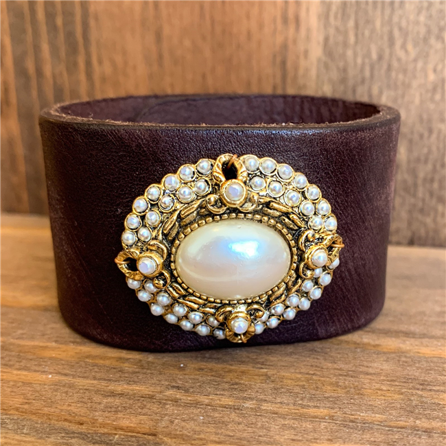 MADE - Brown Leather Cuff with Pearl Brooch