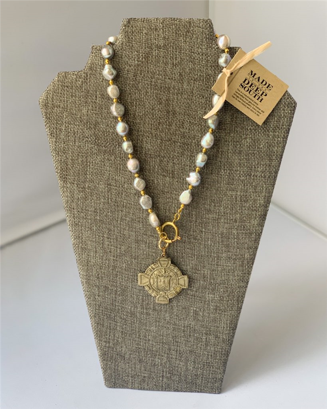 MADE-Medallion Necklace with Grey Baroque Pearls