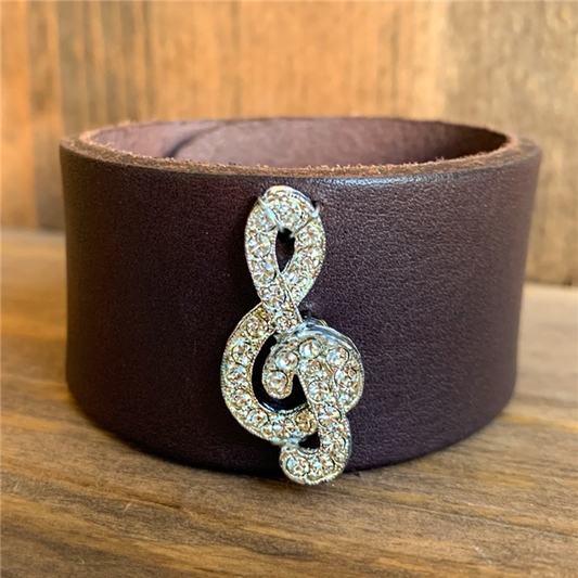 MADE- Brown Leather Cuff with Treble Clef Pin