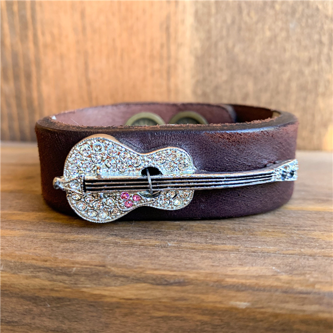 MADE- Brown Leather Cuff with Guitar Brooch