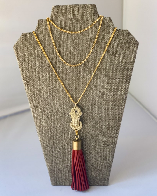 MADE- Long Gold Chain Necklace with Shoe Clip & Red Tassel