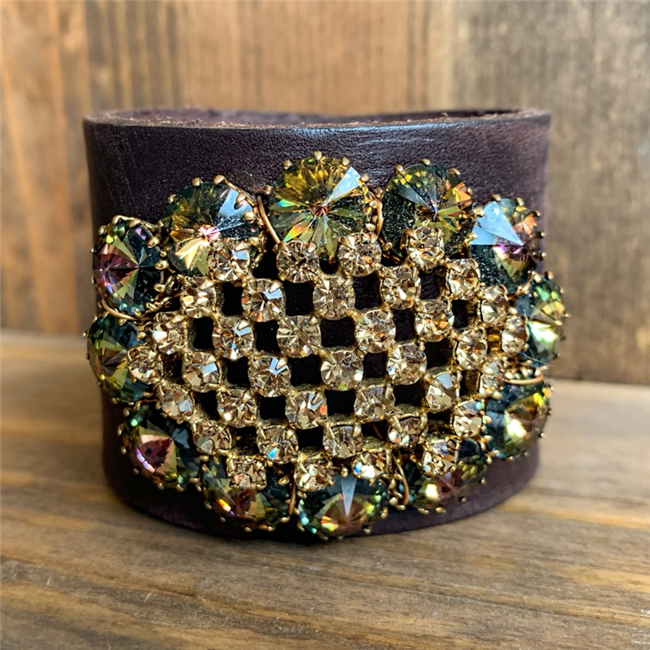 MADE - Brown Leather Cuff with Gold Rhinestone Brooch
