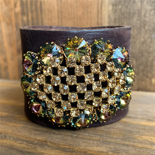 MADE - Brown Leather Cuff with Gold Rhinestone Brooch