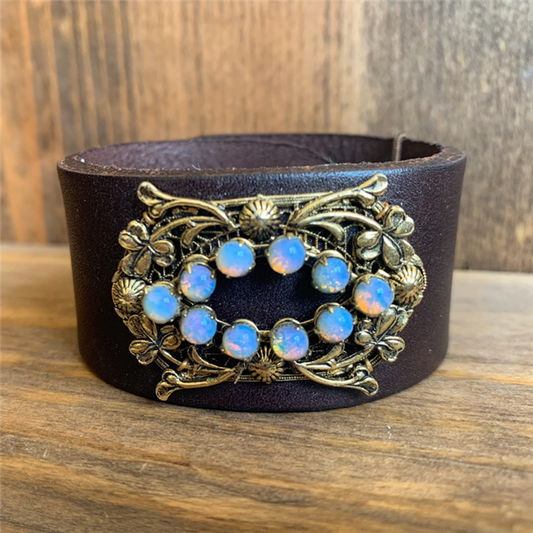 MADE - Brown Leather Cuff with Gold & Opal Look Stone Brooch