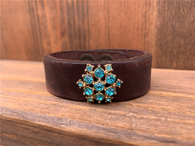 MADE - Brown Leather cuff with Blue Rhinestone Brooch