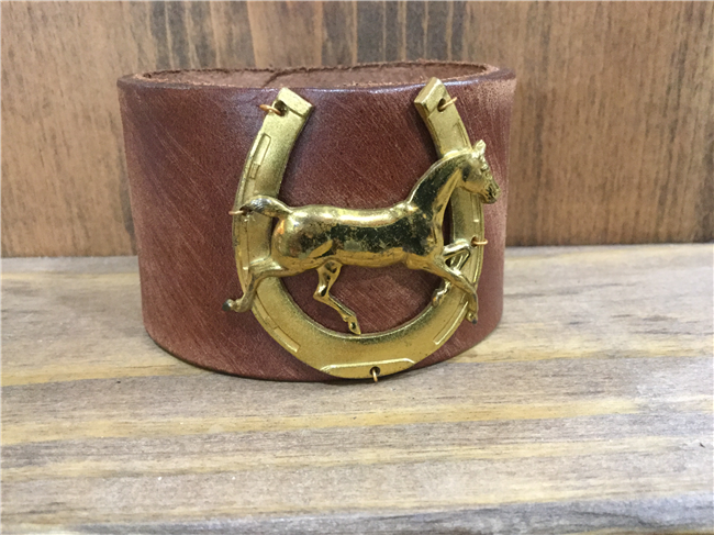 MADE - Brown Leather Cuff with Horse Brooch