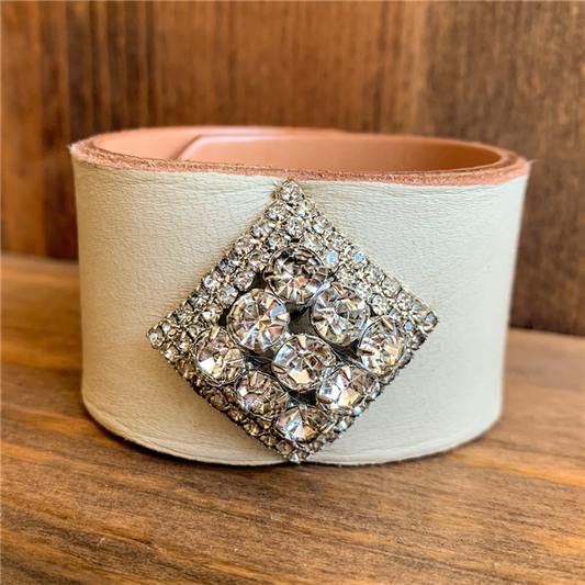 MADE - Cream Leather Cuff with Rhinestone Brooch