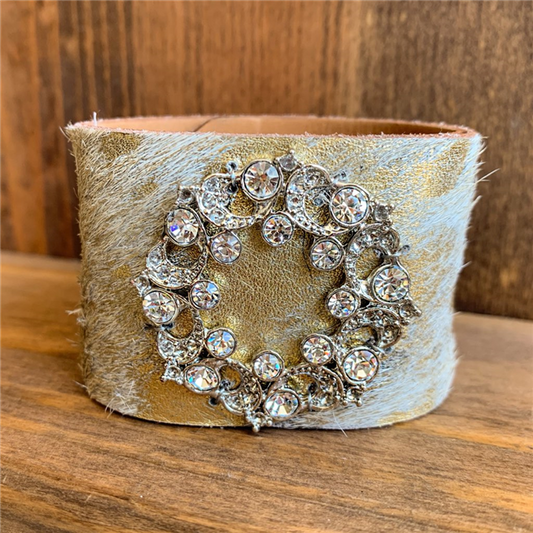 MADE - Fur/Gold Leather Cuff with Rhinestone Brooch