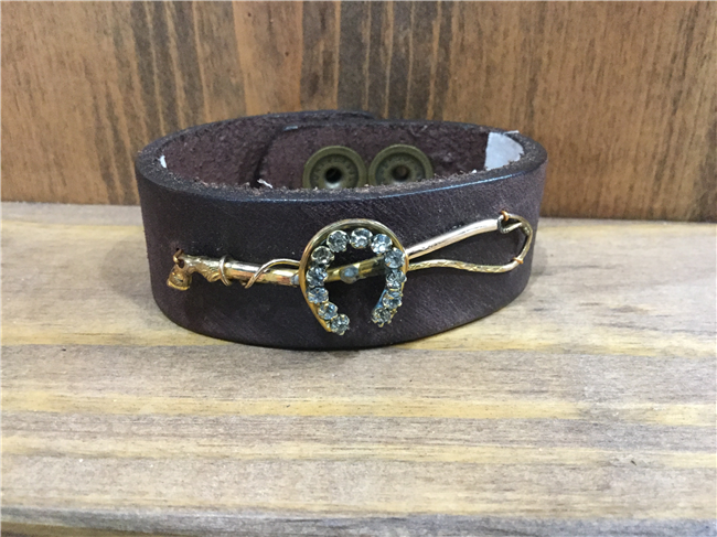 MADE - Brown Leather Cuff with Horseshoe/Whip Pin