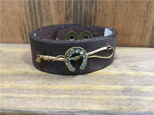 MADE - Brown Leather Cuff with Horseshoe/Whip Pin