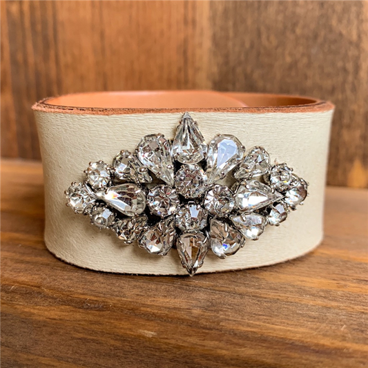 MADE - Cream Leather Cuff with Rhinestone Brooch