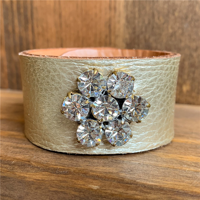 MADE - Gold Leather Cuff with Rhinestone Button