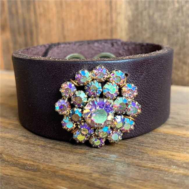 MADE - Brown Leather Cuff with Multi Colored Rhinestone Earring