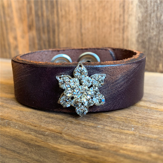 MADE - Brown Leather Cuff with Crystal Star Brooch