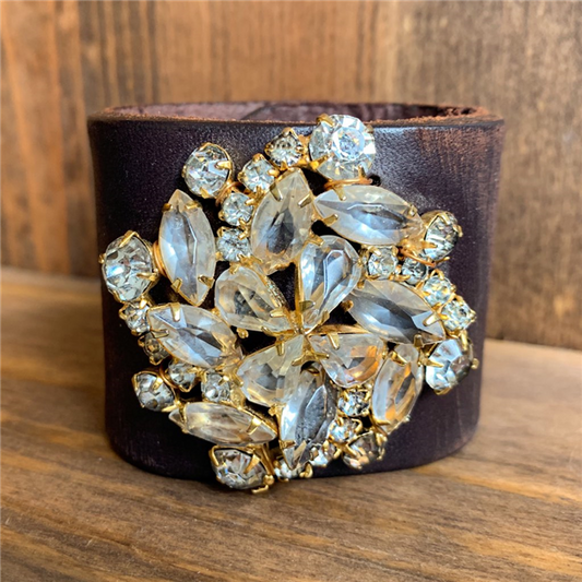 MADE- Leather Cuff with Crystal and Gold Brooch