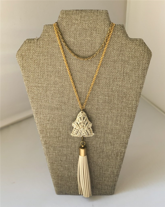 MADE- Long Gold Chain with Brooch & Light Grey Tassel