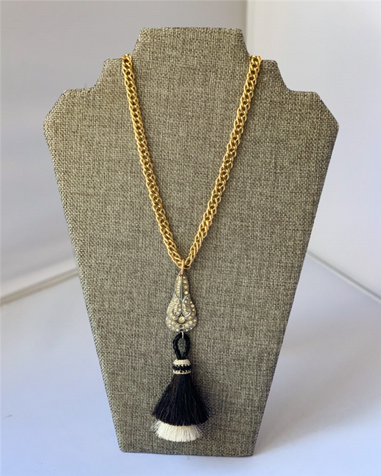MADE- Long Gold Necklace with Pendant and Horse Hair Tassel