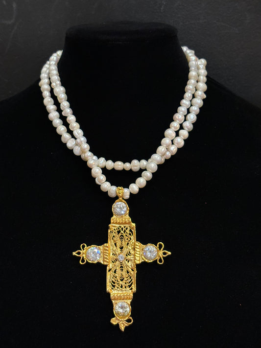 MADE - Gold Cross Pearl Necklace