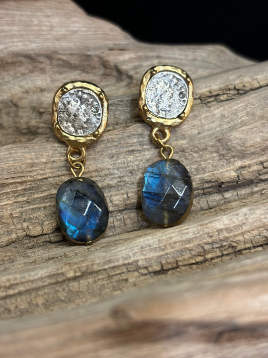 Coin Earrings with Blue Stone