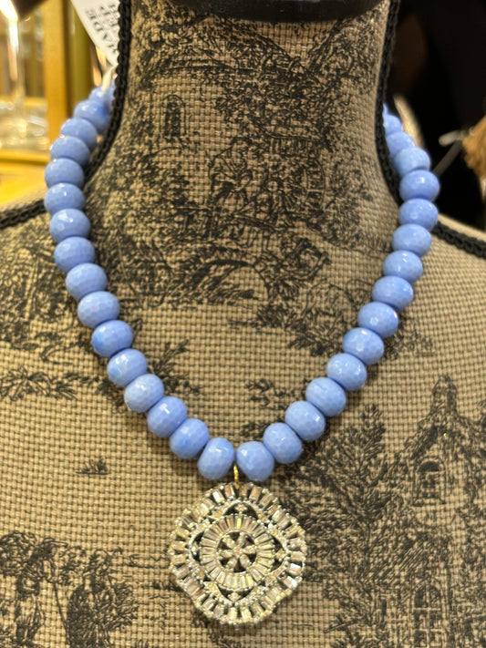 MADE - Periwinkle Blue Quartz Necklace with Crystal Brooch