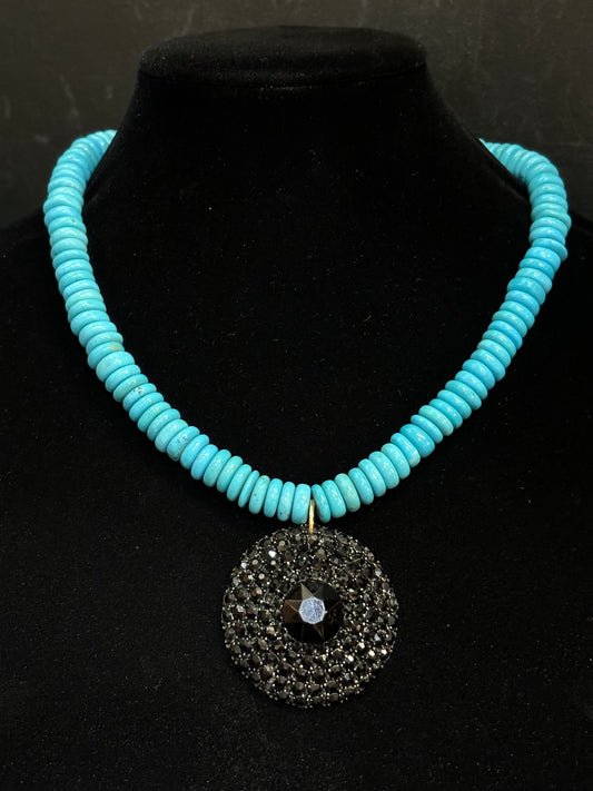 MADE - Jasper Bead Necklace with black crystal brooch