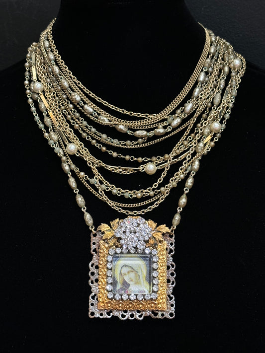 MADE - Religious Artifact Portrait on Strand Gold and Pearl Necklace